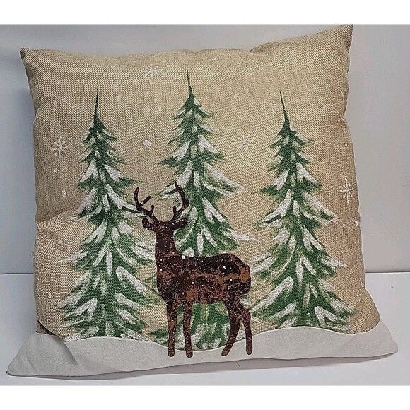 Deer Snow Winter Christmas Tree Throw Pillow Holiday Home Decor 18”x18" - Picture 1 of 6